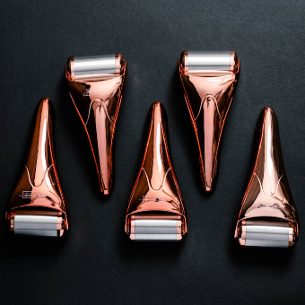 Set of 5 shiny, Gold Rose cold roller products. 