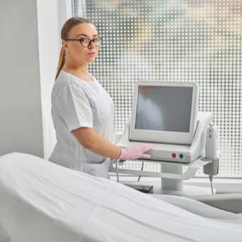 Esthetician standing at her IPL machine